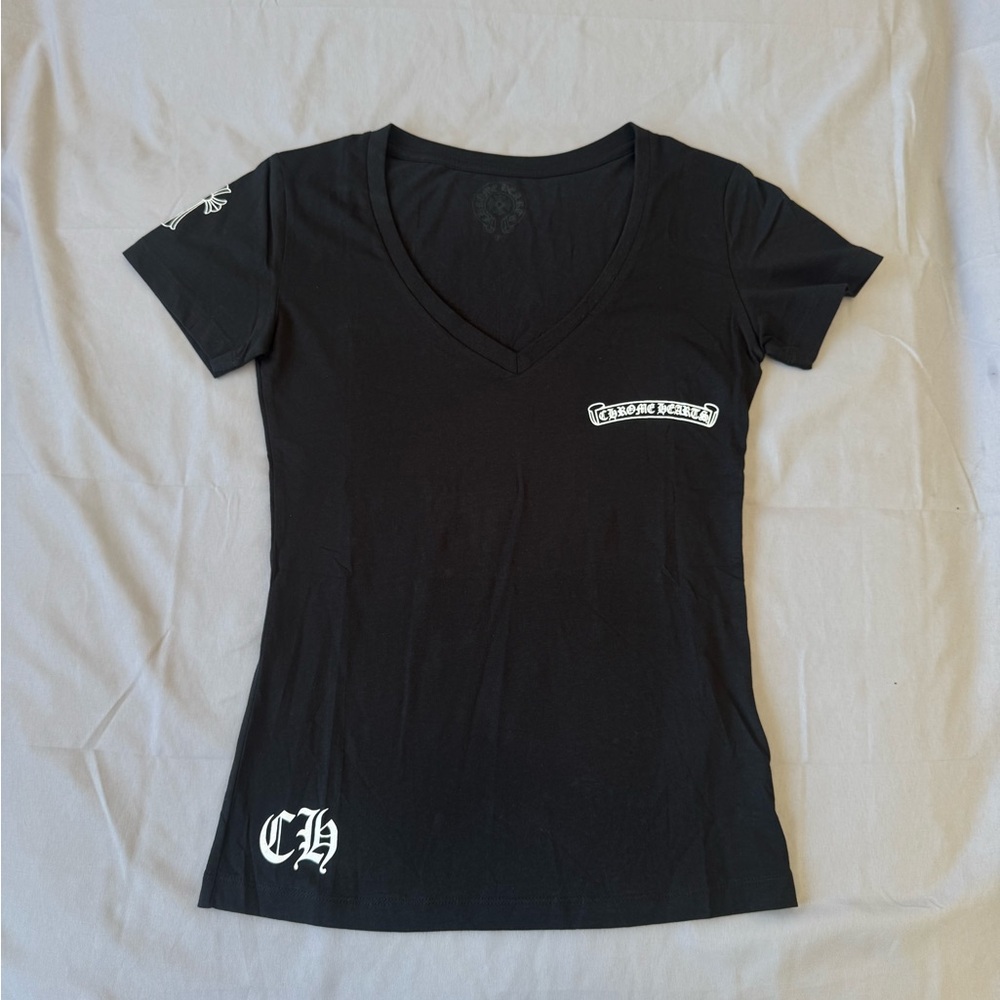 Chrome Hearts Black V-Neck Short Sleeve Tee with White Logos